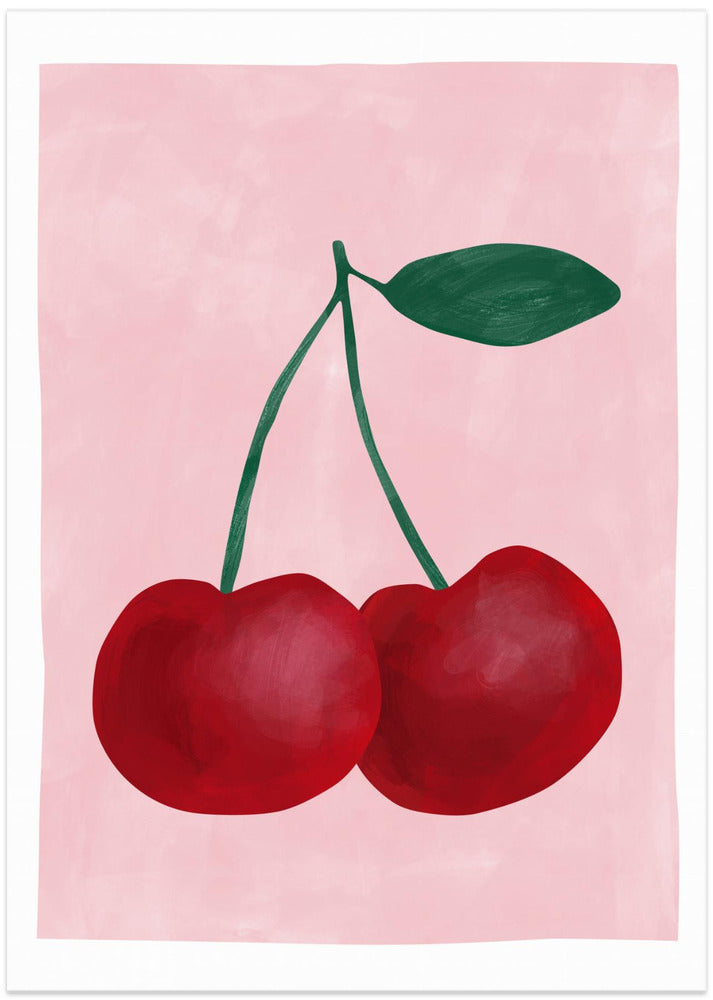 Red Cherries with a Green Leaf
