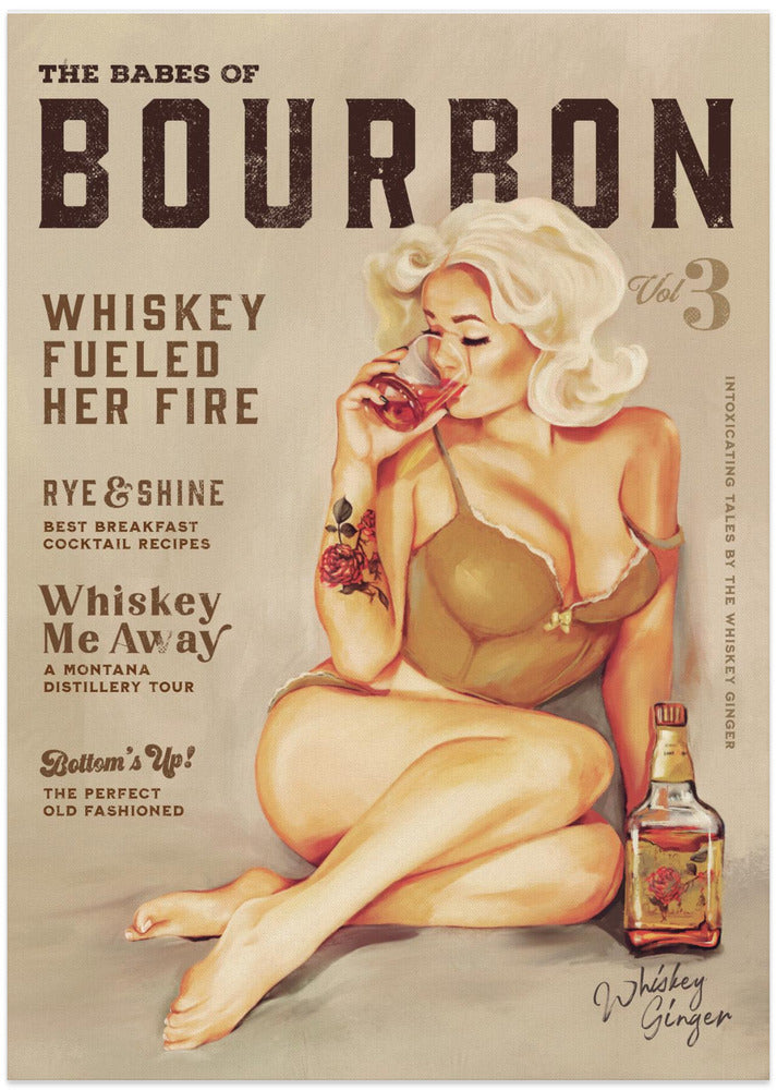 Bourbon Wall Art. Sexy Vintage Pin Up Girl Drinking Whiskey