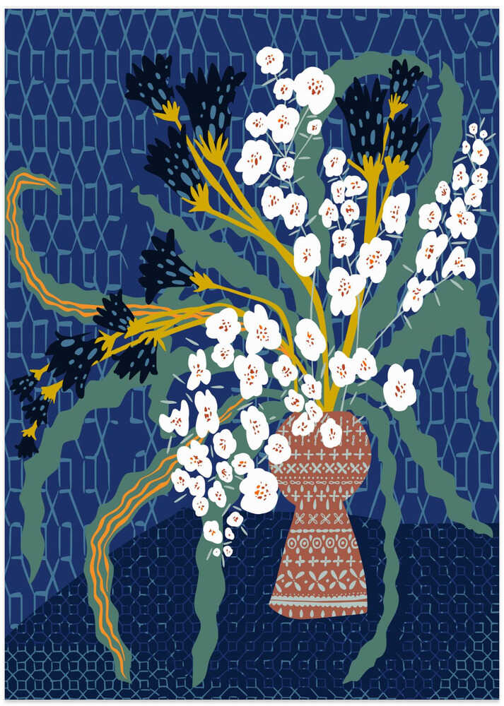 Floral Contemporary Still Life Dark Blue