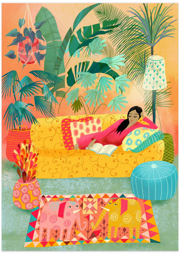 Woman Reading In Tropical Living Room