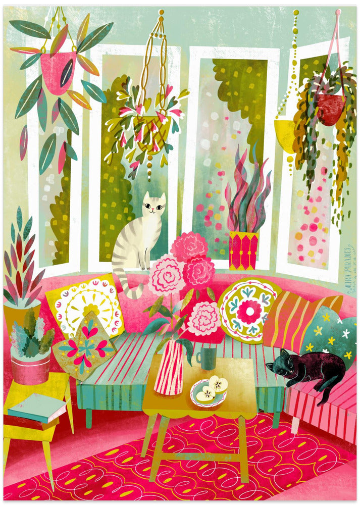 Bohemian Interior Colourful Chushions and Two Cats
