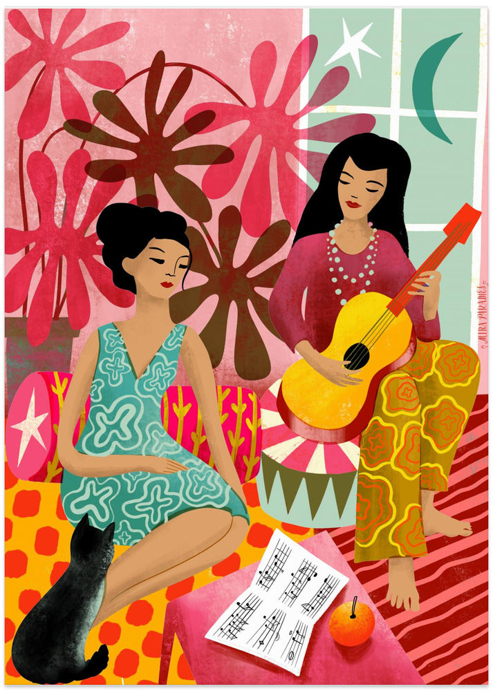 House Music Ladies With Guitar And Cat