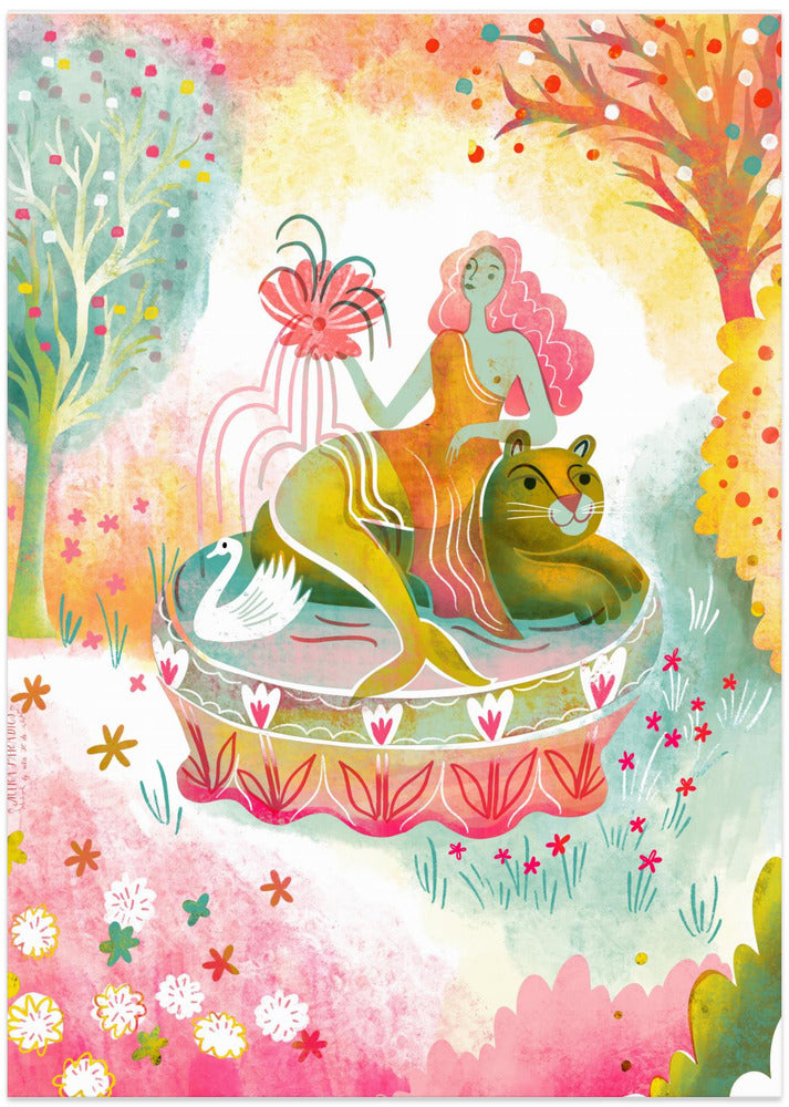 Mermaid Fountain On Tiger With Swan