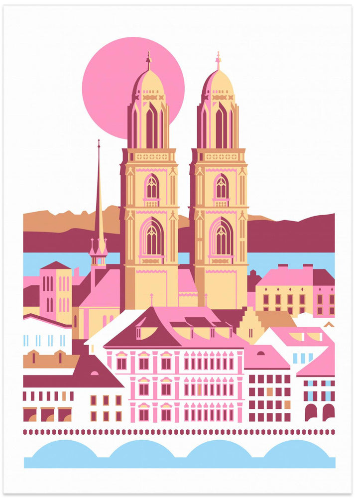 City Of Zurich Switzerland Swiss Summer Mountains City Illustration Vintage Poster