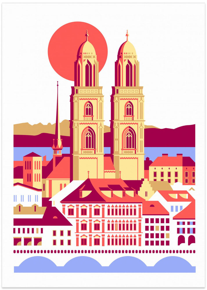 City Of Zurich Switzerland Swiss Summer Mountains City Illustration Vintage Poster