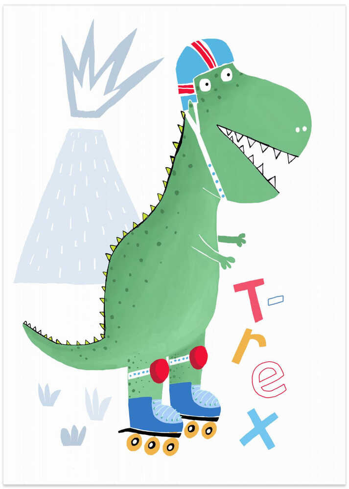 Funny T-Rex on Rollerblades with Volcano by Artist Carla Daly