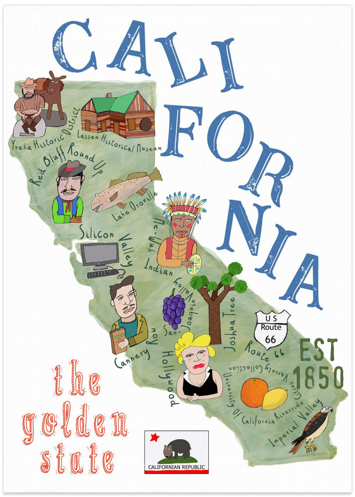 Illustrated Map of California with State Icons by Carla Daly