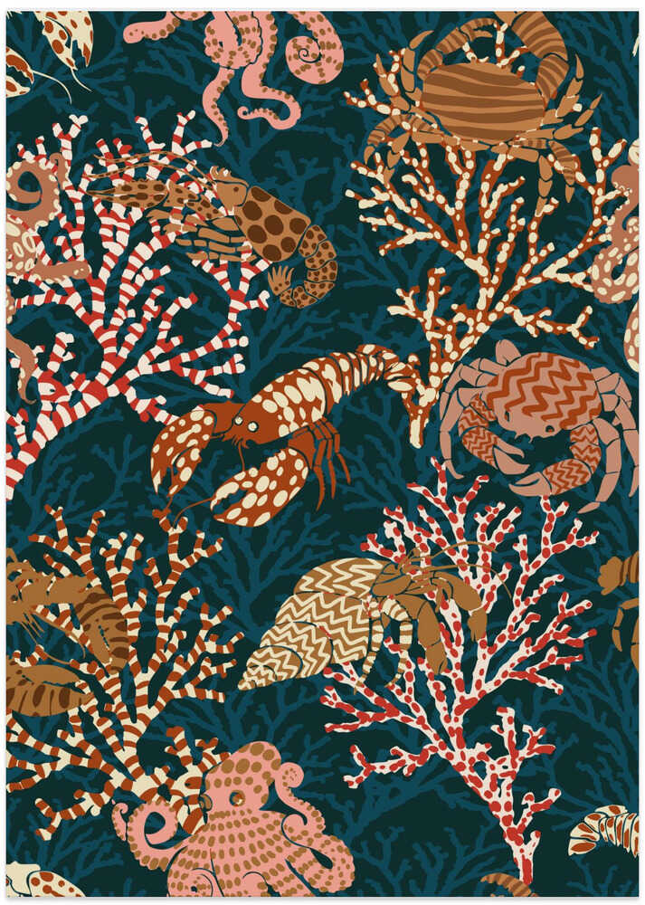 Vibrant coral reef vintage blue pattern