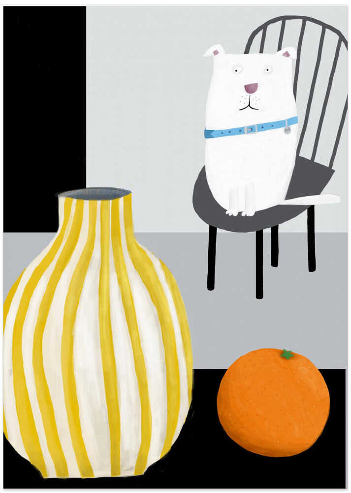 Funny White Dog with Yellow and White Stropped Vase by Carla Daly