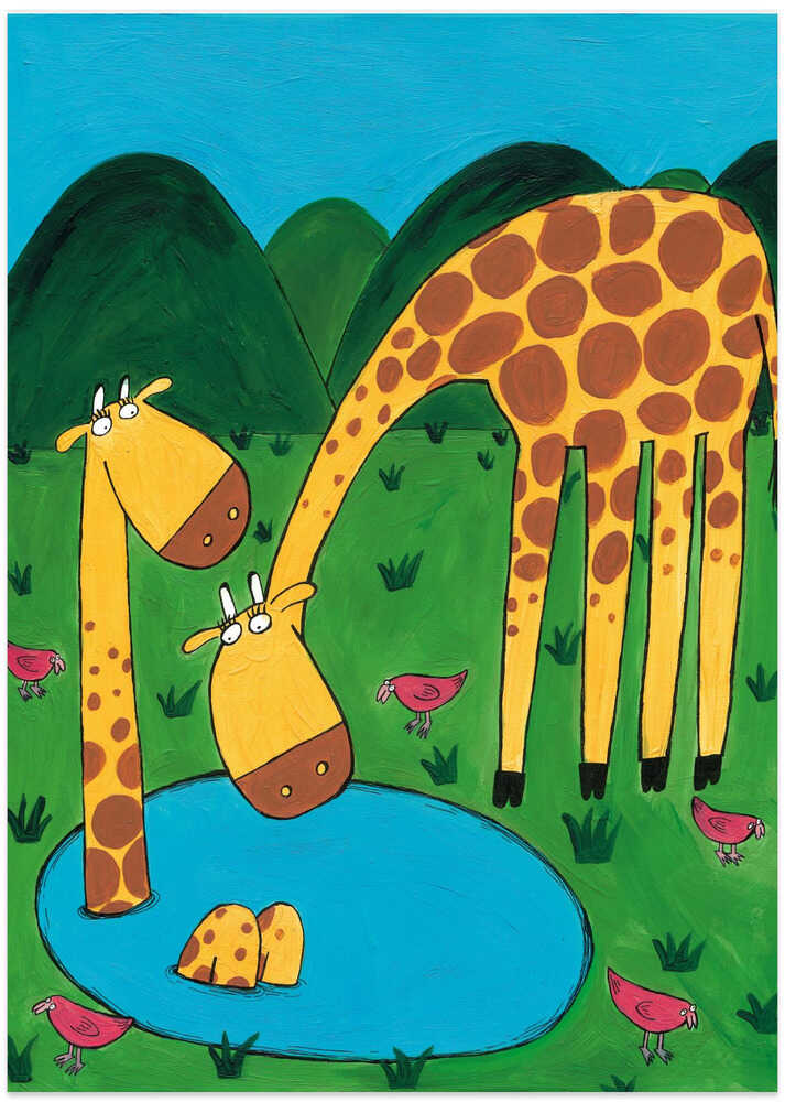 Mommy with Baby Giraffe in a Watering Hole by Artist Carla Daly