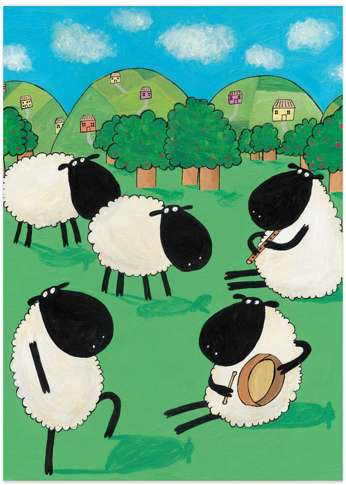 Funny Sheep Dancing in a Green Field by Artist Carla Daly