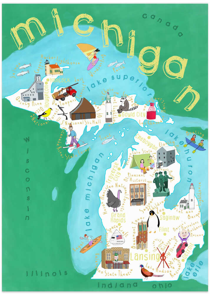 Illustrated Map of Michigan, USA by Artist Carla Daly
