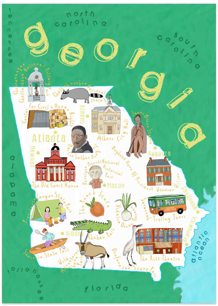 Illustrated Map of Georgia State by Artist Carla Daly