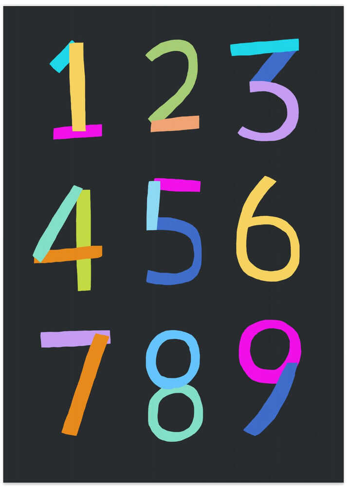 Hand Drawn Numbers 1 to 9 on Black Background by Artist Carla Daly