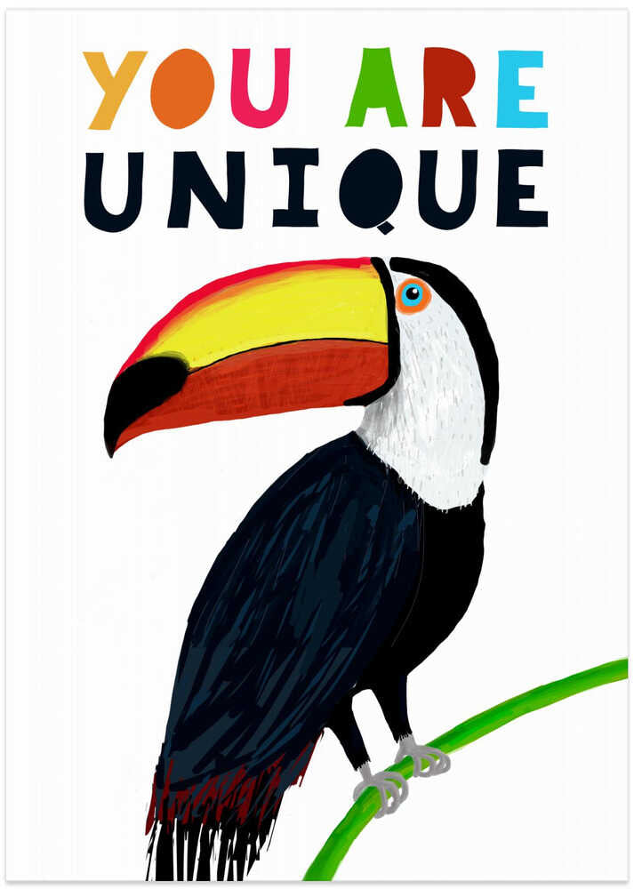 You Are Unique! Colorful Toucan with Colorful Text by Illustrator Carla Daly