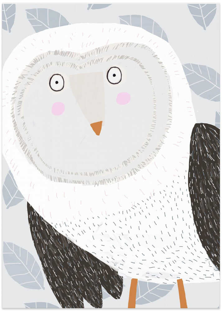 Funny Winter Owl with Grey Leaf Pattern by Artist Carla Daly