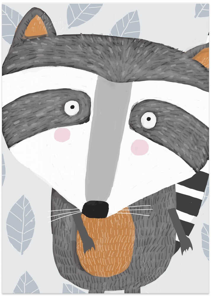 Cute Raccoon with Grey Leaf Pattern by Artist Carla Daly