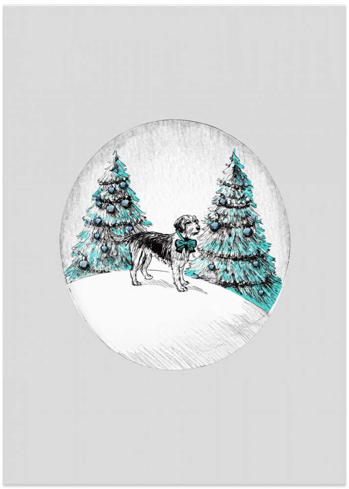 Winter Scenes: Holiday Dog In Snow With Blue Trees and Blue Bow 2