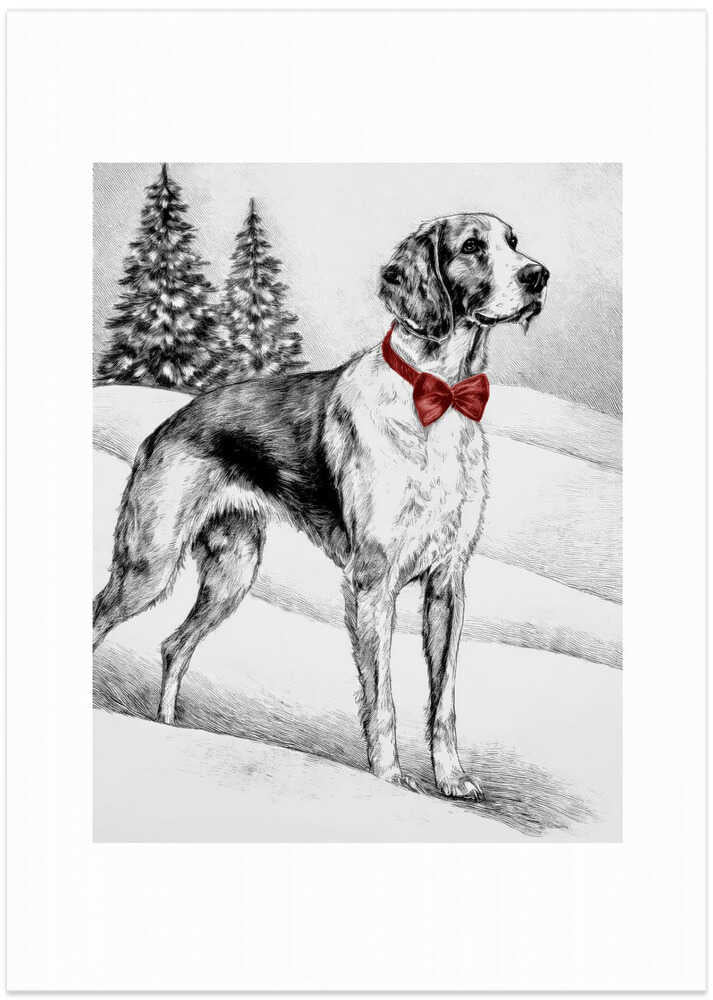 Winter Scenes: Holiday Dog In Snow With Red Bow 2