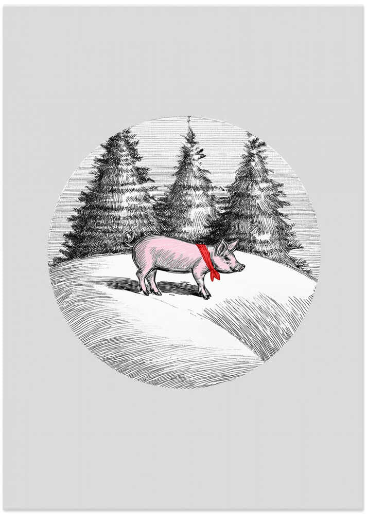 Winter Scenes: Holiday Pink Pig With Red Neck Bow Tie 1
