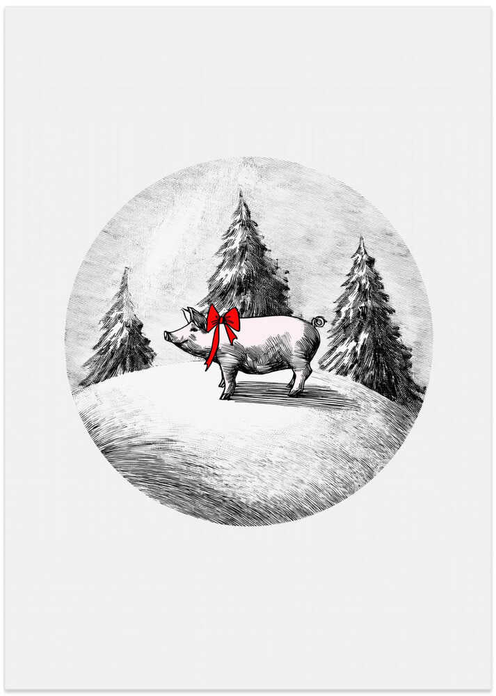 Winter Scenes: Holiday Pink Pig With Red Neck Bow Tie 2