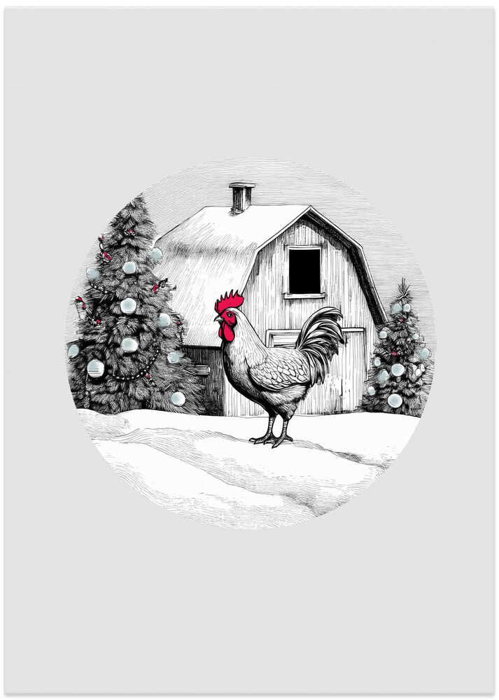 Winter Scenes: Holiday Rooster With Barn On Snow and Christmas Trees 1