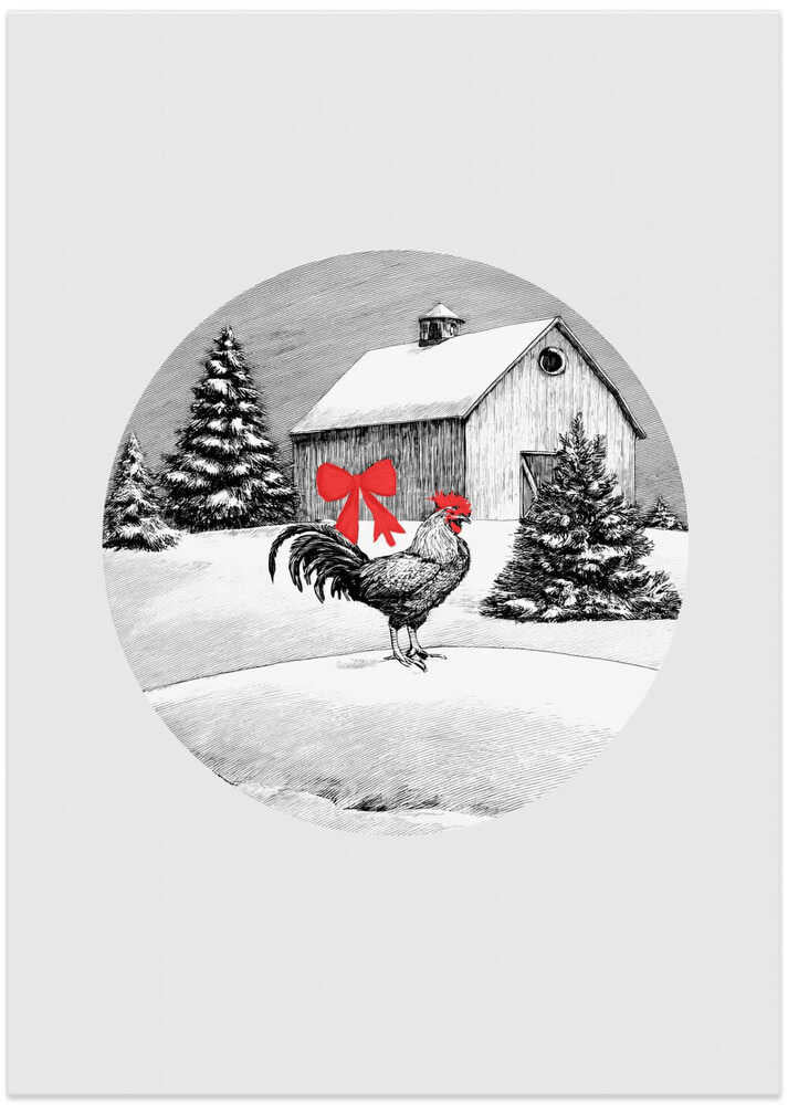 Winter Scenes: Holiday Rooster With Barn On Snow and Christmas Trees 2