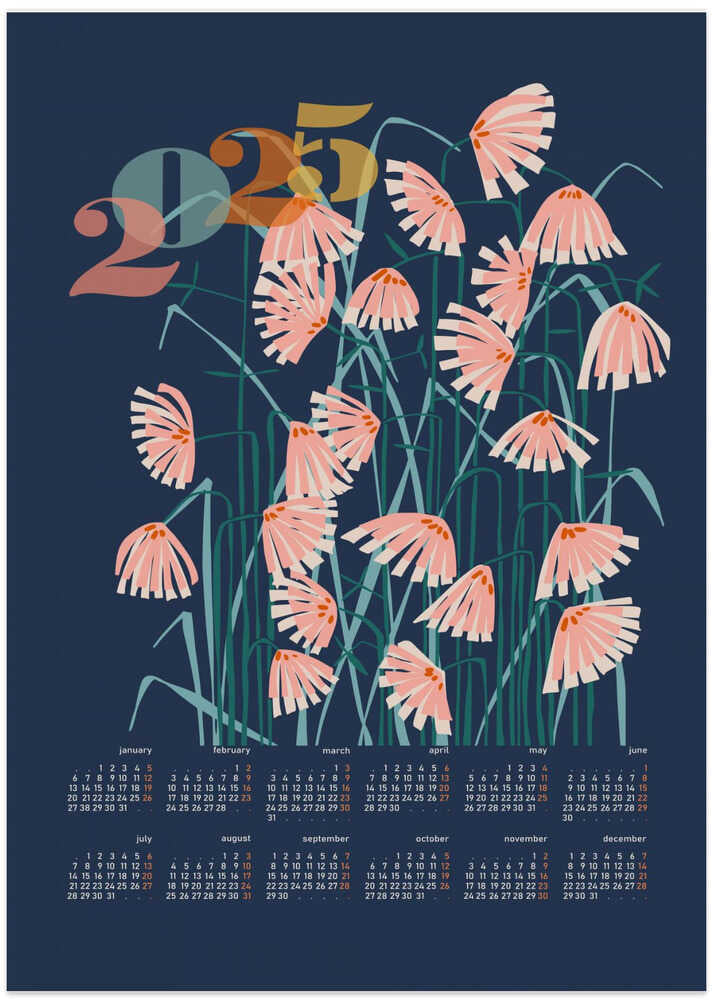 calendar 2025 Linocut flowers blue