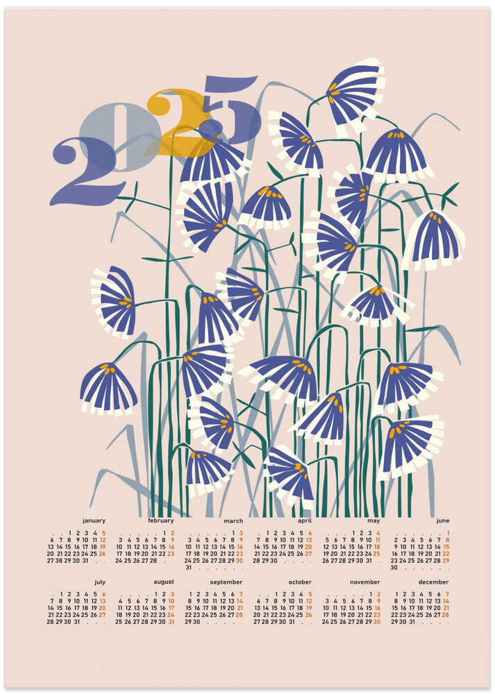 calendar 2025 Linocut flowers peachy pastel