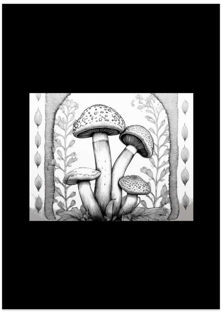 Folk Art: Monochrome Magical Mushrooms Fungi 2