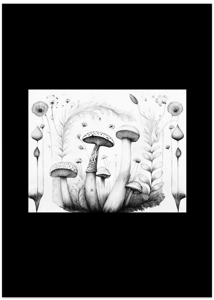 Folk Art: Monochrome Magical Mushrooms Fungi 2