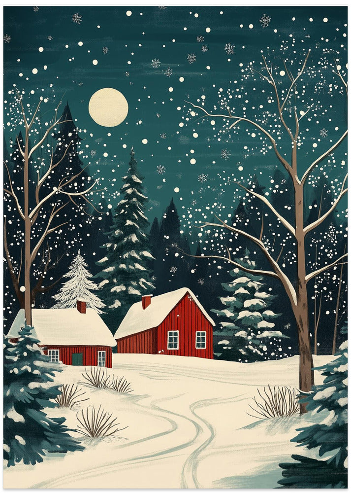 Red Houses and Snowy night sky