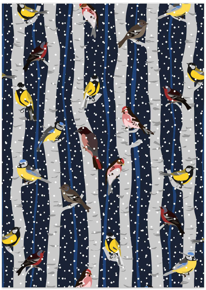 Birds in snowy birchwood on navy blue pattern