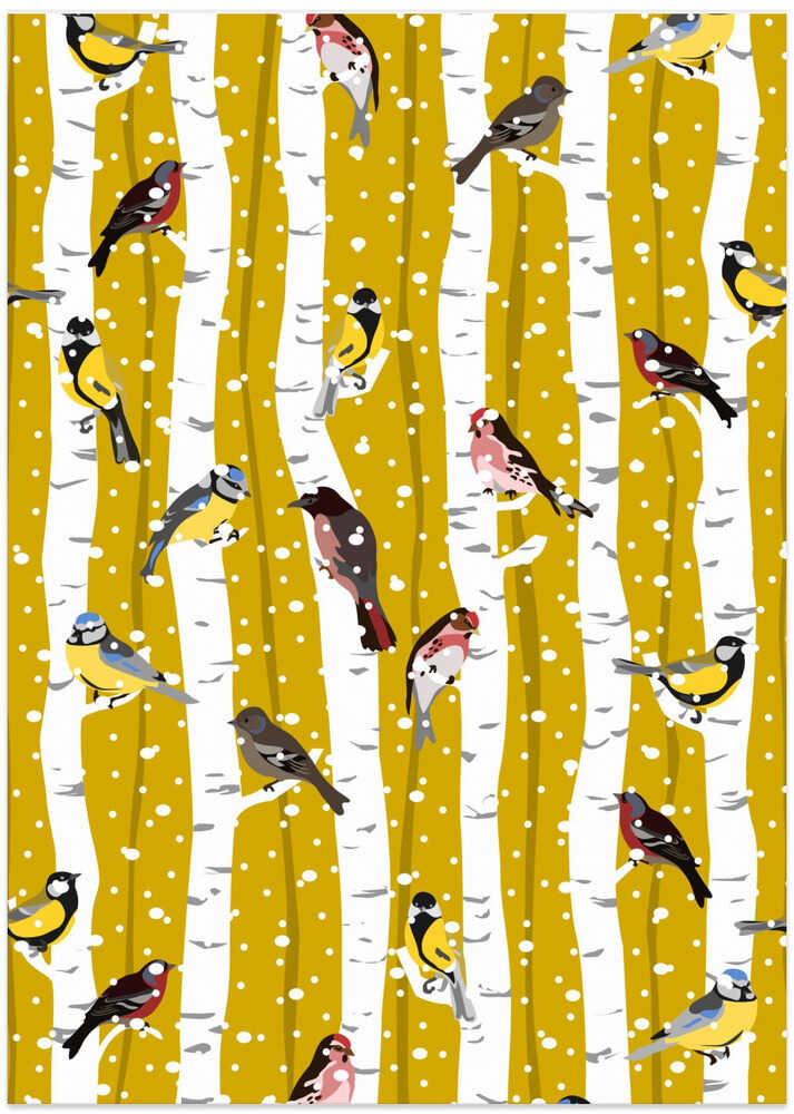 Snowy birchwood with songbirds pattern