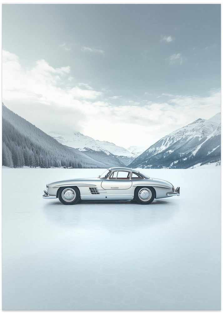 Retro Silver Car On Froozen Lake Side