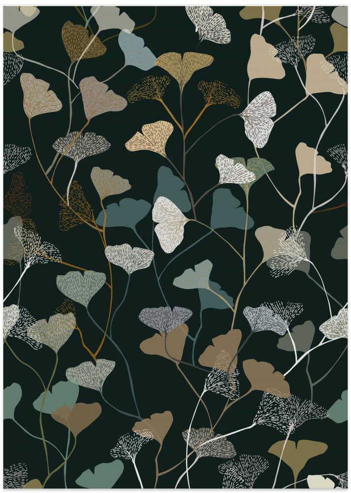 Ginkgo Leaves dark rain forest green pattern
