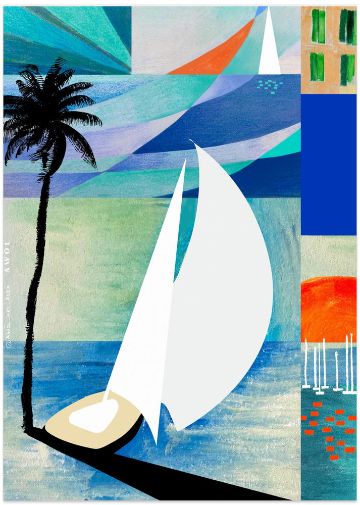 Colourful Mediterranean Travel Art Print With Sunrise And Palm Tree