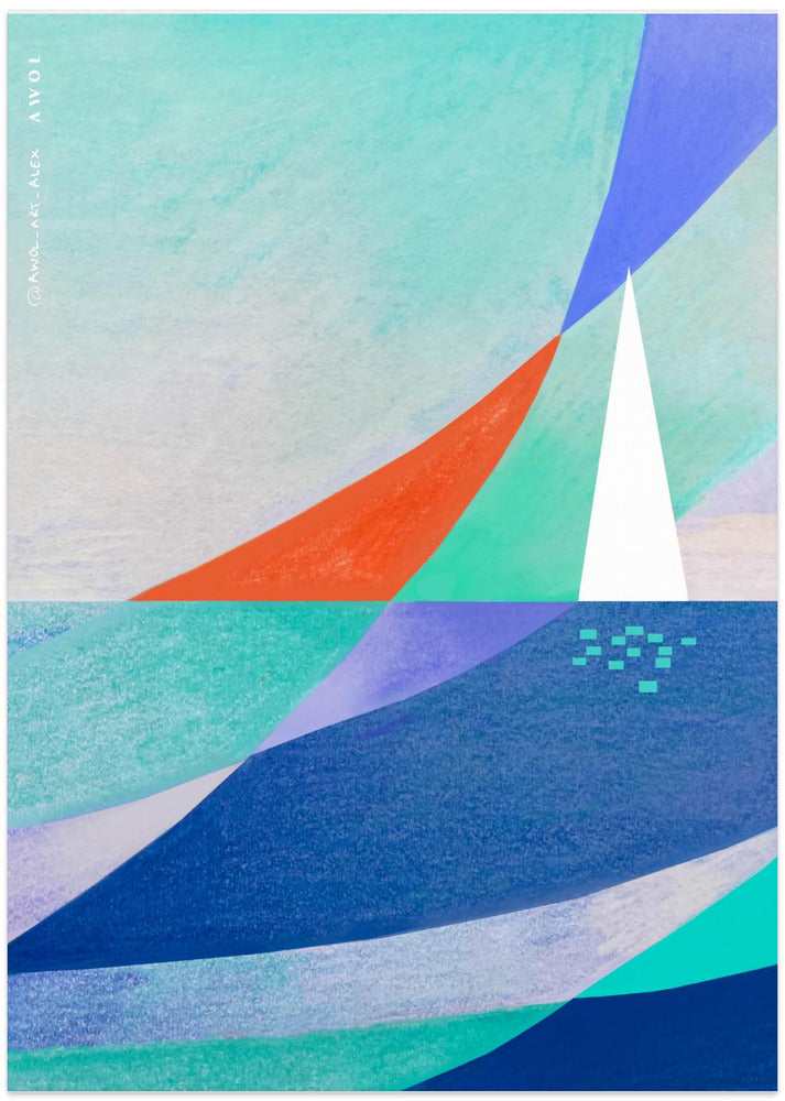 Abstract Ocean Art With Minimalist White Sailboat On The Sea