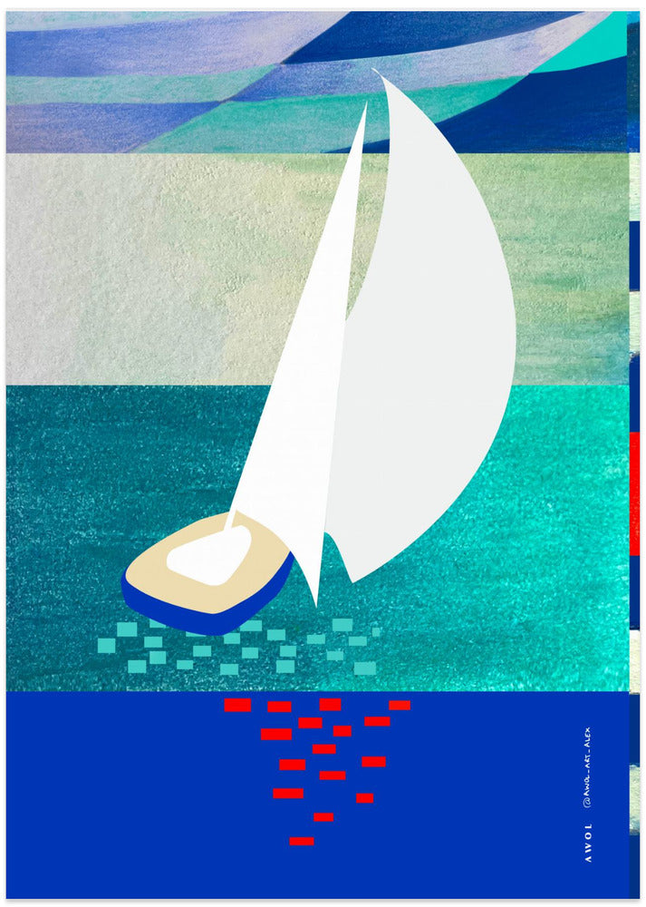 White Sailboat With Reflections, Abstract Sea Art With Graphic Stripes