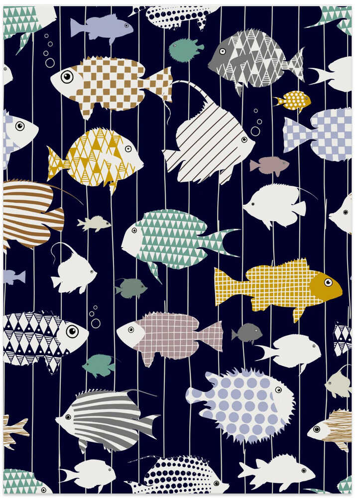 Fresh fish on dark navy blue pattern