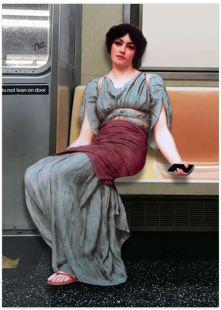 A Woman in Ancient Attire Seated in a Subway