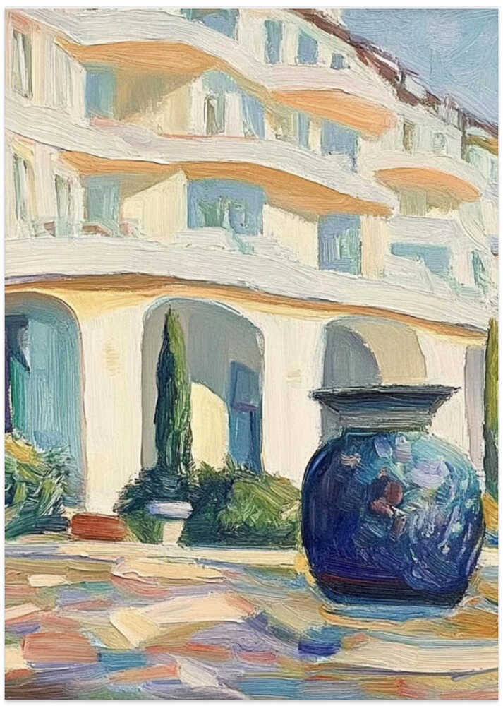 Blue Vase In Front of a Building