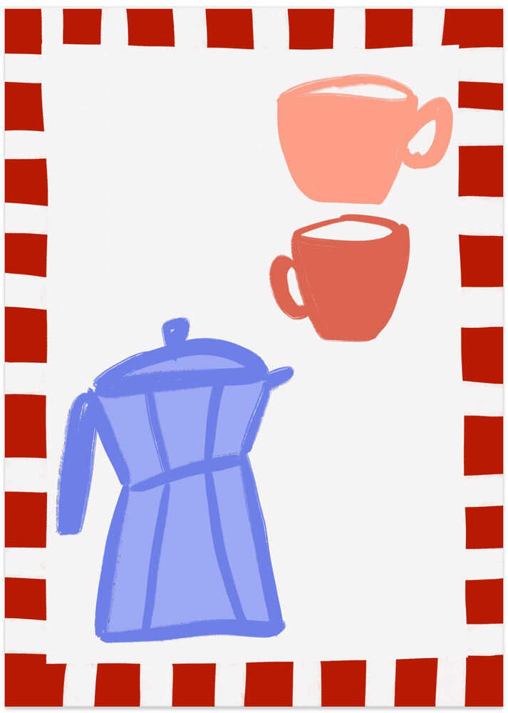 Minimalist Blue Coffee Pot and Two Pink Cups