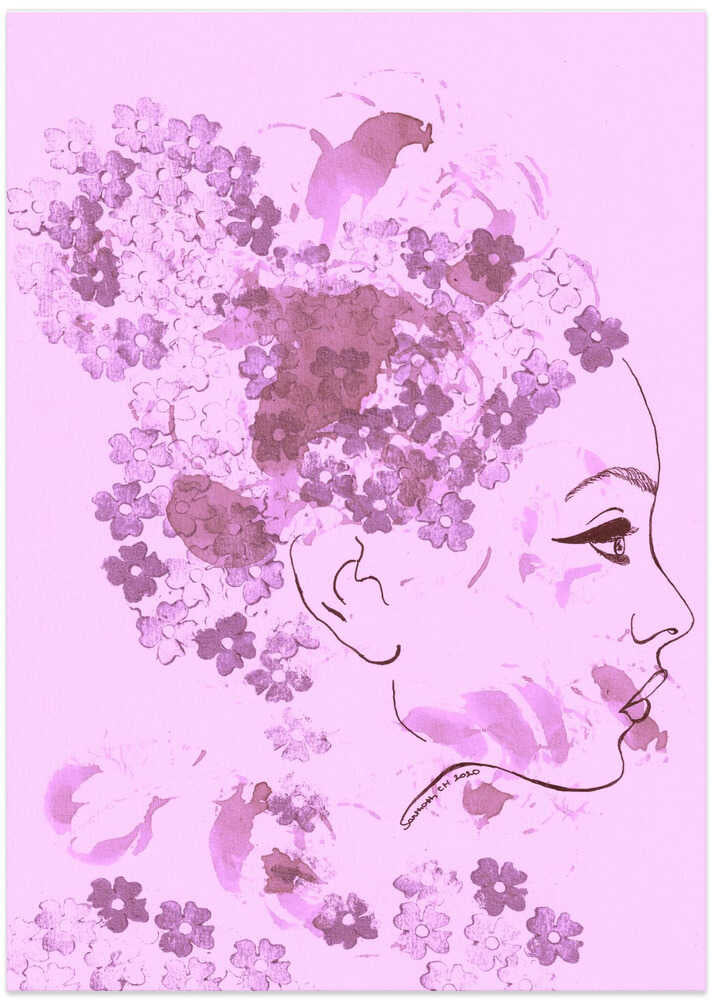 A Woman with Hair Formed by Purple Flowers