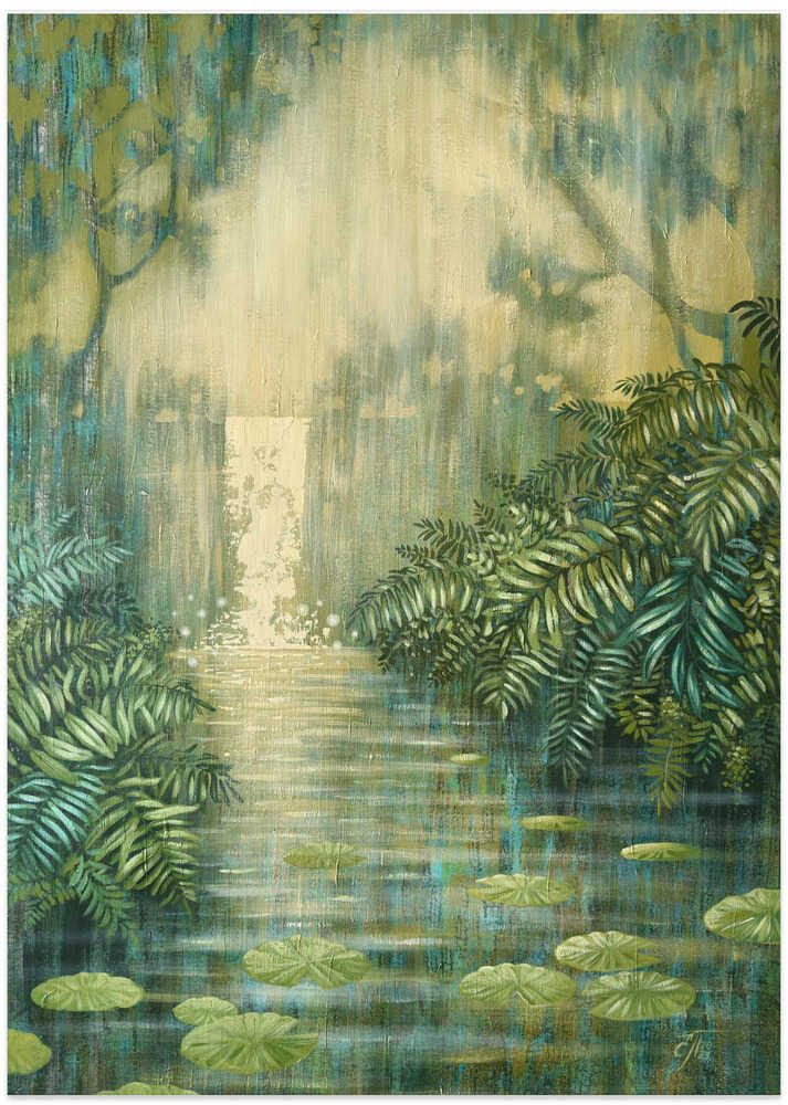 Waterfall Among Green Ferns