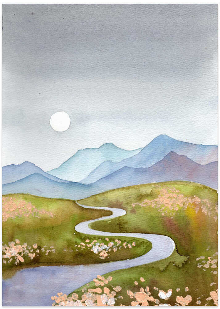 Blue Gray Hills Mountain Landscape With River and Moon