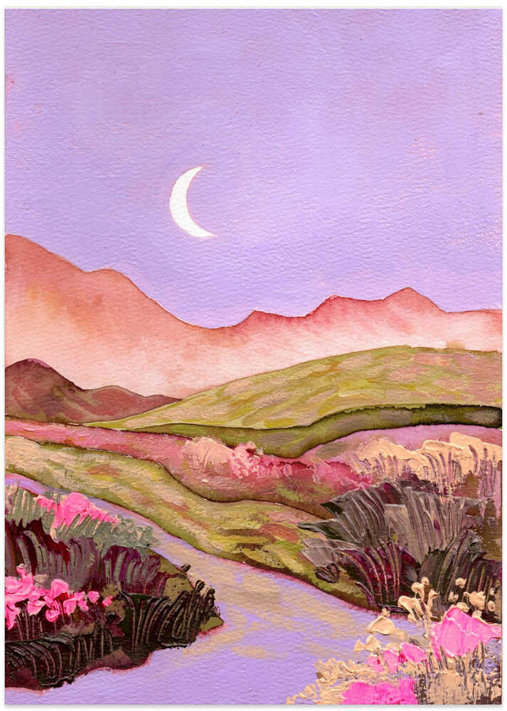 Lilac Sky and Moon Over Flowery Pink Green Fields Landscape