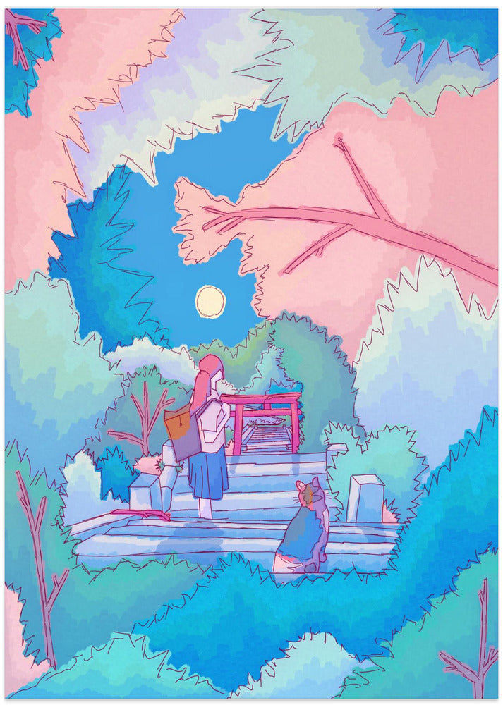 Girl With Her Cat Under A Moonlit Sky