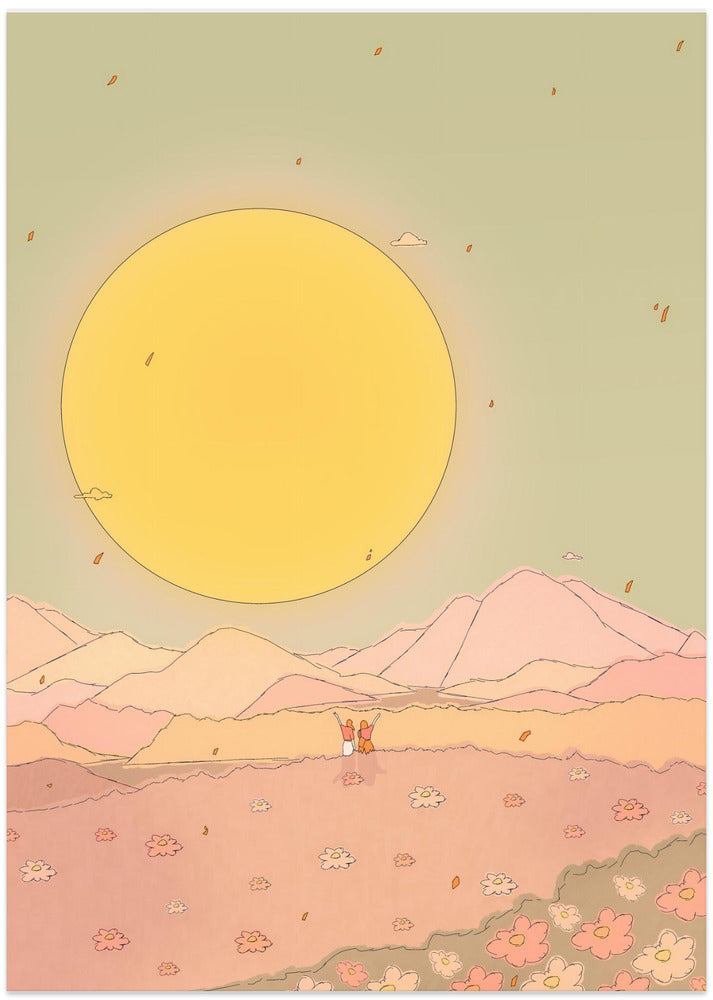 Sun Over Pastel Mountains And Blooming Flowers
