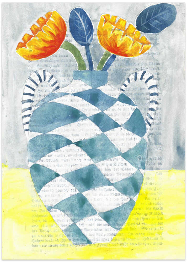 Checkered Vase With Orange Flowers